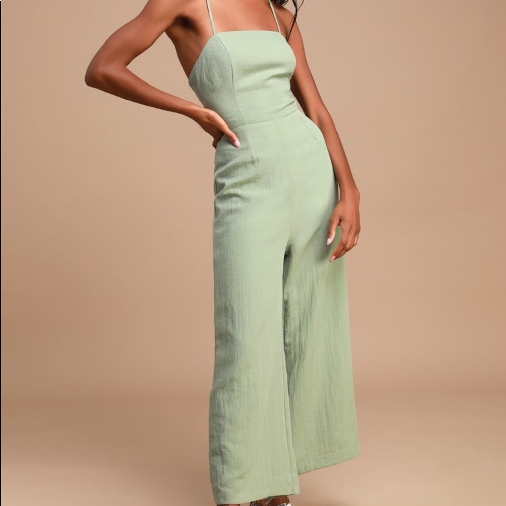 Lulu’s Sage Green Lace-Up Culotte Jumpsuit - Picture 3 of 13